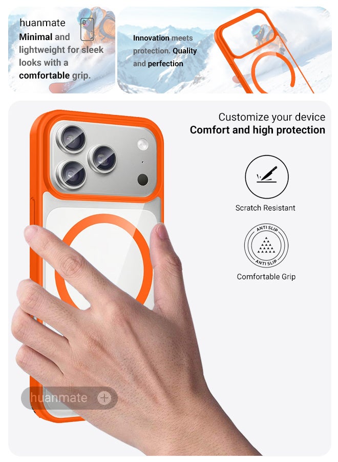 هووانميت حافظة لهاتف أبل آيفون 17 برو ماج سيف شفاف/برتقالي - مغناطيس قوي وعالي الجودة، متوافق مع الشحن اللاسلكي، حماية ضد الصدمات، غطاء مغناطيسي نحيف للغاية مضاد للخدش لهاتف أبل آيفون 17 برو - Image 3